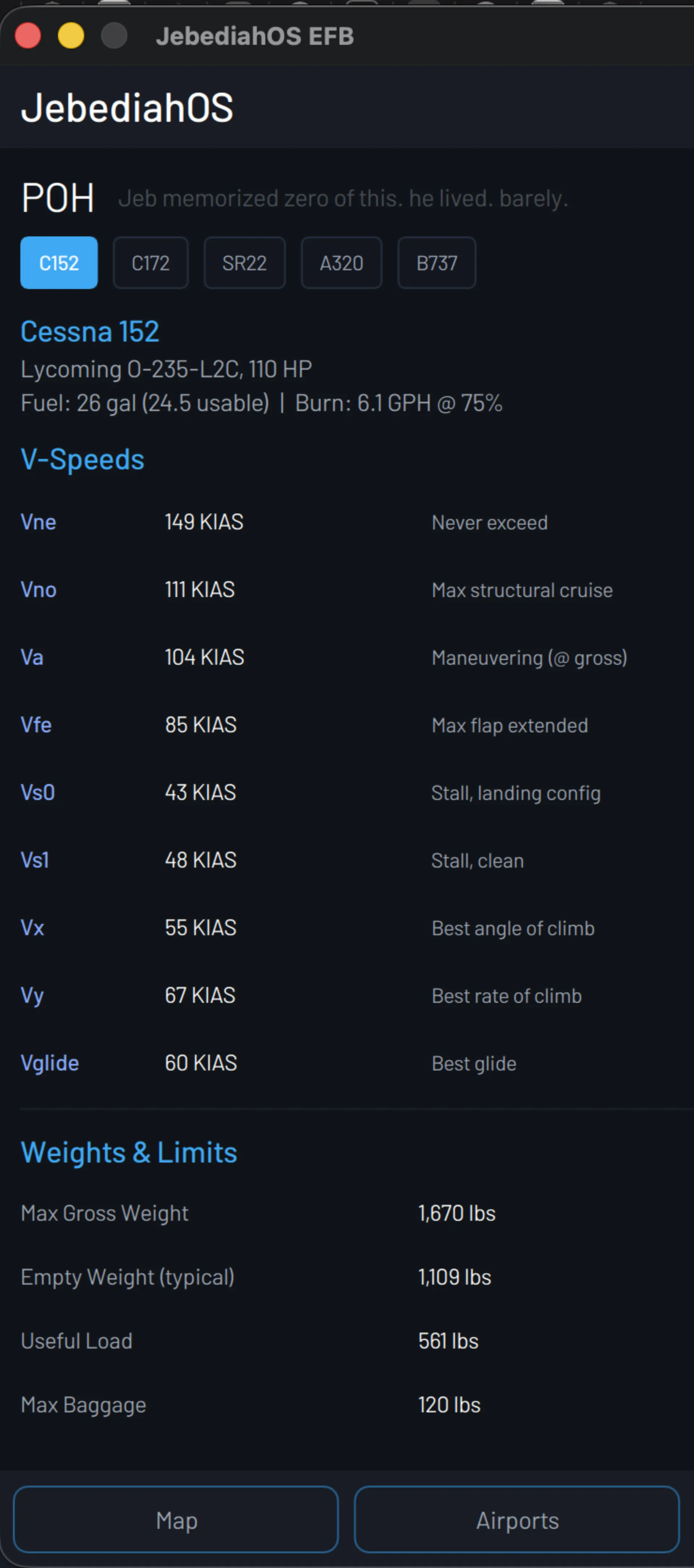POH reference — Cessna 152 V-speeds and weight limits